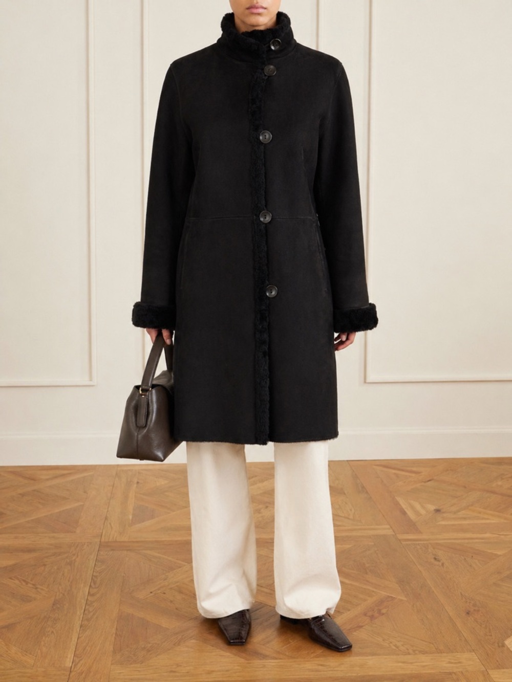 Blue Duck Shearling Coat Black Genuine Sheepskin Fur Trim Button Front Sz S